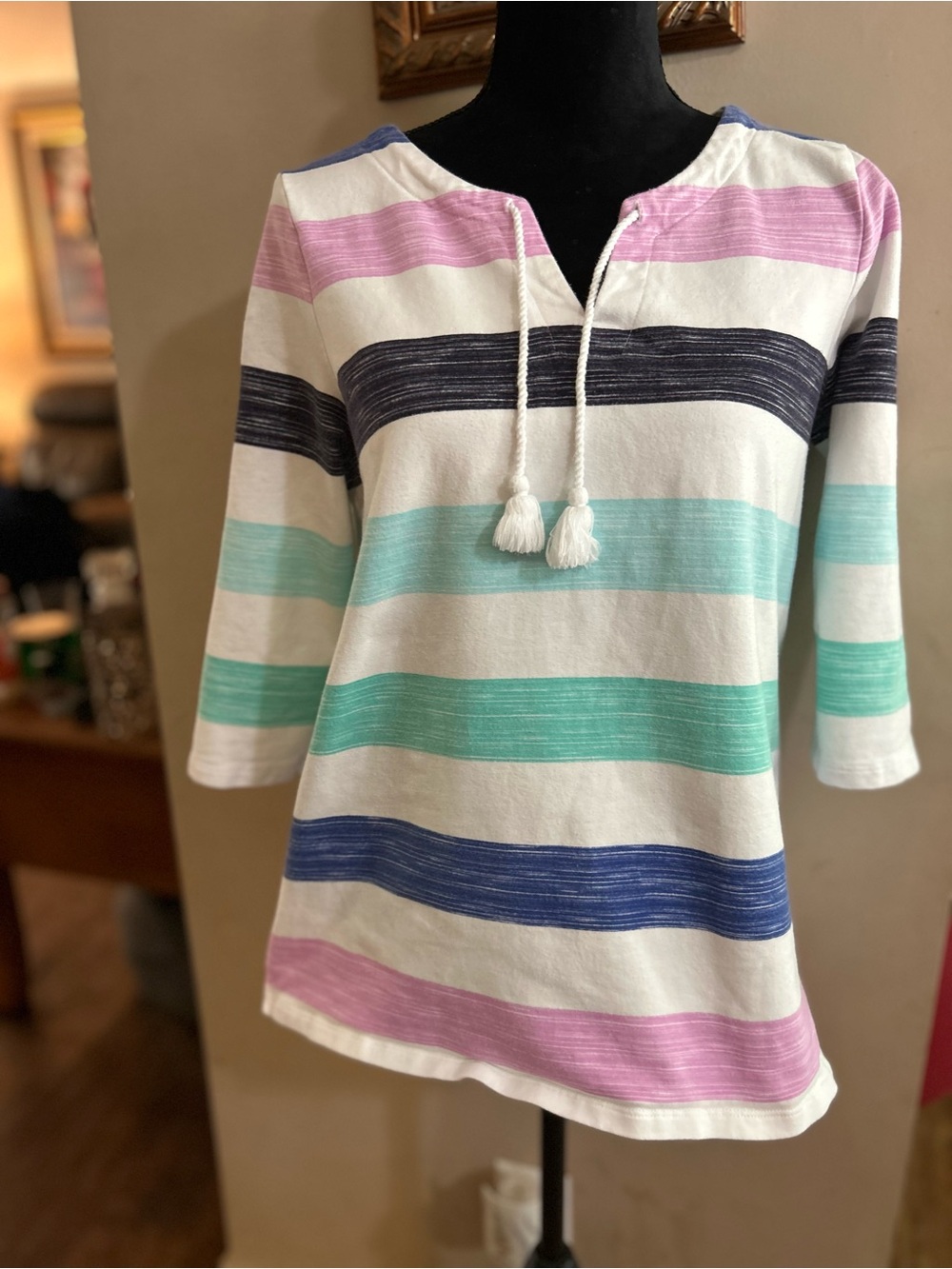 Talbots Striped Tassel Tie Women's Top - White with Pink, Teal, Blue Stripes